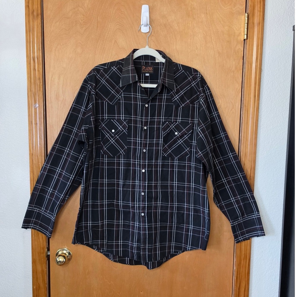 Plains Western Wear Mens L Black Plaid Pearl Snap Western Cut Long Sleeve Shirt